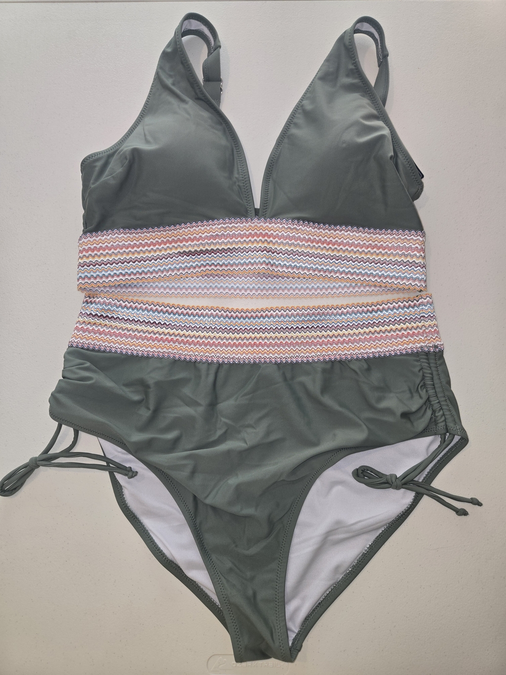 Olive Green One-Piece Swimsuit with Multicolor Smocked Waist
